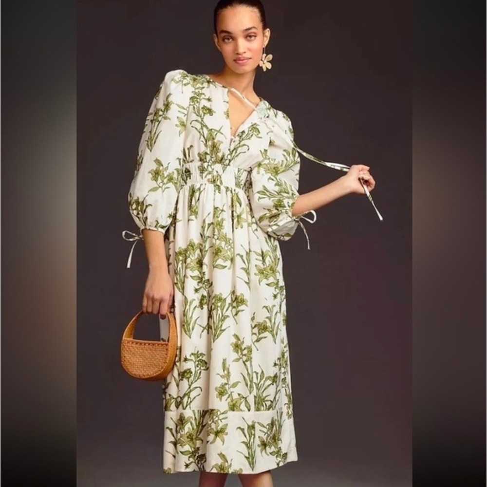 Hunter Bell Anthropologie Clementine Green Floral Smocked Midi Dress XS Cotton